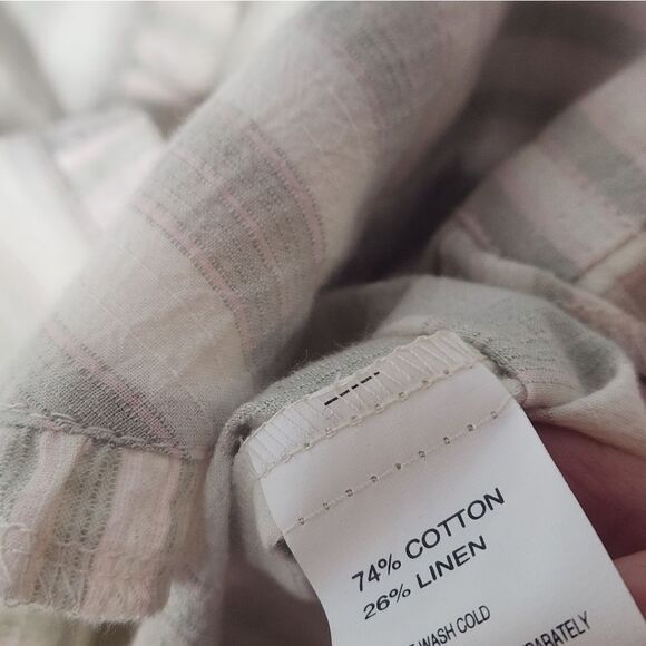 NWT Blast M Striped CreamSagePocketsRuffle LSlv ButtonUp LINEN Blend Women Shirt - Picture 4 of 8